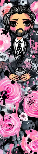 Free teacher bookmark featuring a pink and black floral teacher with coffee